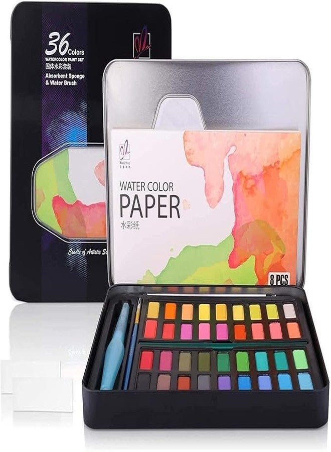 PEACORA Watercolor Paint Set, 36 Water Colors Pigment Watercolor Set in Metal Box with 1 Water Brush Pen, 1 Pencil, Pouch kit for Artists Students Kids & Adults (Black) - Image 1